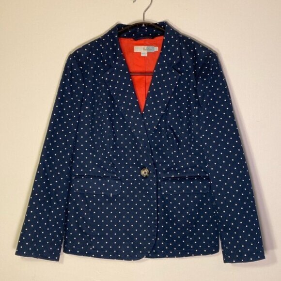 Boden Blazer Suit Jacket Womens 10 Petite 100% Cotton Blue White Polka Dot Prep - Picture 1 of 11
